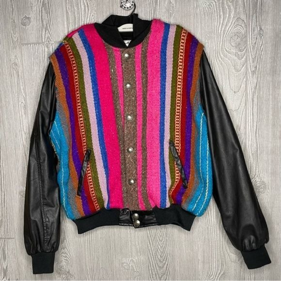 vintage Roper rodeo blue blanket /woven tapestry jacket coat leather like sleeve - Picture 9 of 10